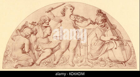 Quatuor idéalisé avec la harpiste, flûtiste, violoniste et violoncelliste classique en paramètre. Anges chérubin harpe, flûte, violon, violoncelle. Gravure par Max Jaffé, après fresco par Carl Geiger, à l'Opéra de Vienne (Staatsoper, puis la Hofoper). Publié par V.A. Heck, Vienne. Banque D'Images