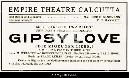 Performance de Franz Lehár Amour tzigane à Calcutta Empire Theatre. Zigeuner Liebe. Indian premiere. populaires opérette compositeur hongrois (1870-1948) Banque D'Images