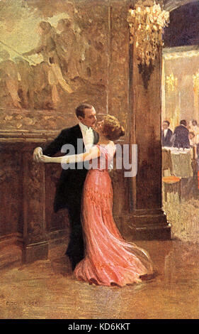 Couple dancing une valse à un bal, au début du xxe siècle (avant la Première Guerre mondiale). Peinture de E. Schneider intitulé Walzertraum (Rêve de valse). Salle de balle. Formelle. Carte postale peinte. Banque D'Images