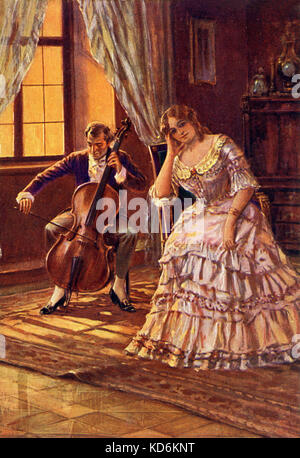 'Liebe Klänge" : Sons chéris peinture représentant jeune femme mode dans la première moitié du 19e siècle- l'écoute de robe violoncelliste solo en arrière-plan. Lumière à travers la vitre de façon romantique dans le salon. Période romantique Banque D'Images