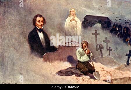 Frédéric Chopin malade jouer du piano et de la vision de sa mort avec fossoyeur, tombeau et spectre/ angel en cimetière. Image romantique d'un mourir Chopin. Illustration sur une carte postale par A. Serkowicz. Le personnel de la musique sur le côté. Le compositeur polonais, 1810-1849. Banque D'Images