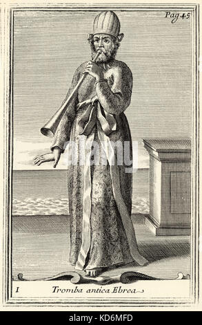 L'hébreu - trompette Tromba Antica Ebrea - joué en temps bibliques. L'Bonanni Gabinetto Armonico 1716 Illustration 1 . Gravure par Arnold von Westerhout. Au début du 18e siècle romantique image de la manière dont l'Hébreu ancien prêtre aurait cherché. Instrument utilisé dans le temple. Banque D'Images