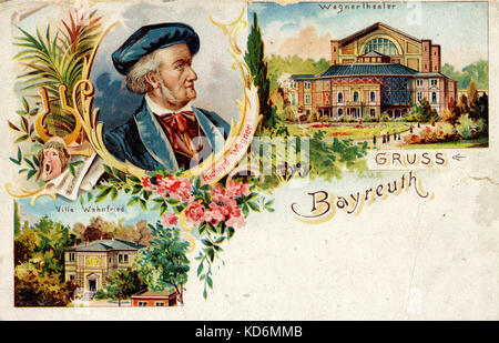 Richard Wagner à Bayreuth Festspielhaus avec / Festival Maison et Villa Wahnfried. Carte postale. Compositeur allemand d'auteur, 22 mai 1813 - 13 février 1883. Banque D'Images