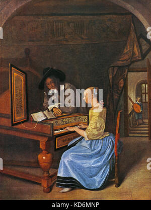 Le maître de musique, peinture par Steen. Femme jouant du piano forte. Théorbe en arrière-plan. Banque D'Images