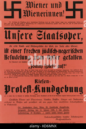 Poster nazi pour protester contre l'exécution de l'opéra 'Jonny Spielt Auf' par Ernst Krenek à l'Opéra de Vienne en 1928. Plus tard, l'autrichienne compositeur américain 23 Juillet 1900 - 23 Décembre 1991 Banque D'Images