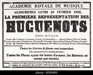 Giacomo Meyerbeer, opéra 'Huguenots' - Affiche publicitaire de la première le 29 février 1836 à l'Académie Royale de Musique à Paris. . Compositeur allemand, 5 septembre 1791 - 2 mai 1864. Banque D'Images