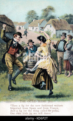 "L'Irlandais" Jig Ould - peinture de couple en costume traditionnel, avec l'homme jouant de la flûte derrière, fin du 19e siècle. Sous-titre suivant : 'alors une fig pour le nouveau jeu de valses importés d'Espagne et de la France, et d'une fig pour la chose qui s'appelle la polka, notre propre jig irlandais nous allons danser.' de poème de James McKowen, poète irlandais 1814 - 1889. Banque D'Images