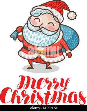 Joyeux Noël, carte de voeux ou bannière. Mignon Père Noël avec sac plein de cadeaux. Illustration vectorielle de dessin animé Illustration de Vecteur