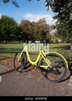 Location de voitures OFO jaune ou un vélo appuyé contre une rambarde dans un parc à Cambridge UK Banque D'Images