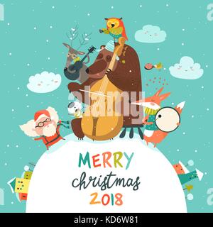 Carte joyeux noël mignon avec des animaux, santa et musique Illustration de Vecteur