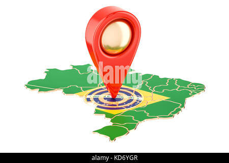 Pointeur de carte sur la carte du Brésil, 3D Rendering isolé sur fond blanc Banque D'Images
