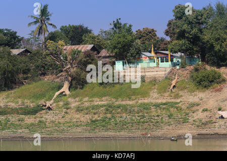 Un grand arbre a été poussé pour faire place à un bâtiment de béton fondation à ce temple building sur le fleuve Irrawaddy en Birmanie (Myanmar). Banque D'Images