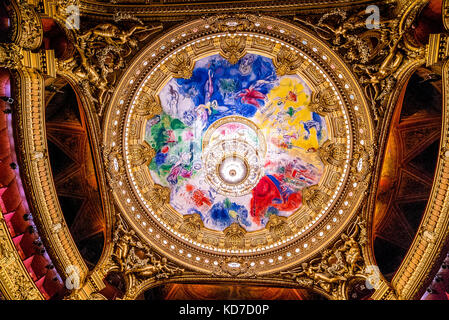 A l'intérieur de l'auditorium de l'Opéra Garnier, connu sous le nom de Palais Garnier.C'est magnifique plafond a été peint par Marc Chagall. Banque D'Images