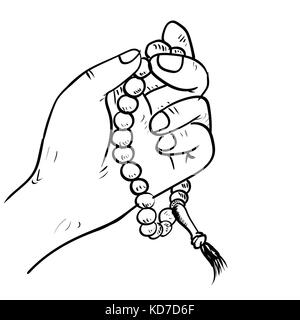 Main tenant la main perles de prière islamique dans cartoon style isolé sur fond blanc. religion stock symbol vector illustration. Illustration de Vecteur