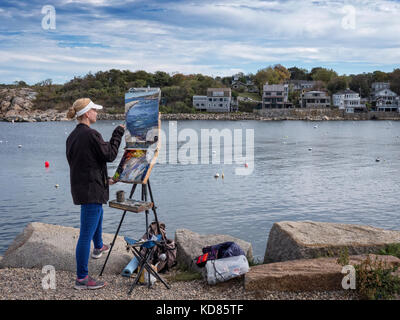 Artiste travaillant dans le port de Rockport Cape Ann ma USA Banque D'Images