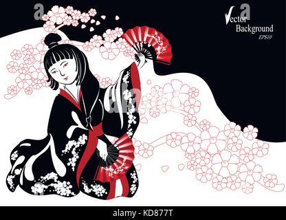 Une japonaise dans un kimono noir joue sur le shamisen dans blossoming cherry brindilles. eps10 vector illustration Illustration de Vecteur