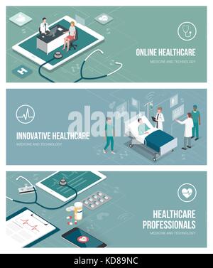 Les soins de santé, les médecins et les patients à banenr ensemble avec les personnes et les objets isométrique Illustration de Vecteur