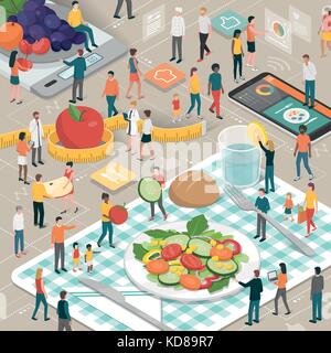 L'alimentation saine, l'alimentation et la nutrition concept : des personnes se préparant ensemble et sain repas vegan, des nutritionnistes et des aliments app Illustration de Vecteur
