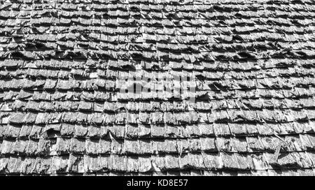 La texture de fond en bois patiné des bardeaux de toiture sur un bâtiment colonial Banque D'Images