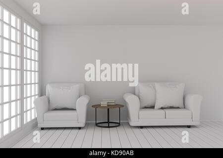 Conception de salle blanche vide avec canapé en salle blanche dans le rendu 3D Banque D'Images