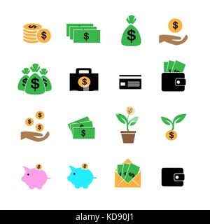 L'argent, d'investissement, les bénéfices et les actifs en couleur icons set vector Banque D'Images