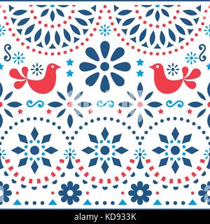 L'art populaire mexicain motif transparent vecteur avec oiseaux et fleurs, rouge et bleu fiesta design inspiré par la forme d'art traditionnel mexique Illustration de Vecteur