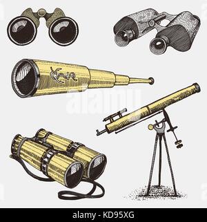 Ensemble d'instruments astronomiques, jumelles, télescopes oculaires et quadrant, sextant gravé en bois faites à la main ou vintage style coupe , vieux sketch verres Illustration de Vecteur