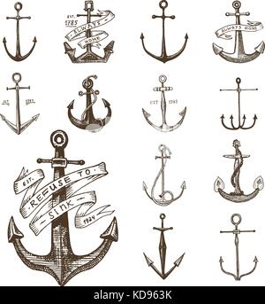 L'ancre dans le vieux vintage gravé ou dessiné à la main, style tatouage dessin pour marins, aquatiques ou thème nautique, bois coupé, logo bleu Illustration de Vecteur