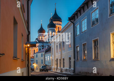 Tallinn, Estonie - 3 décembre 2016 : soirée ou la vue de la nuit de la cathédrale Alexandre Nevsky de piiskopi. rue cathédrale orthodoxe est la plus grande de Tallinn Banque D'Images