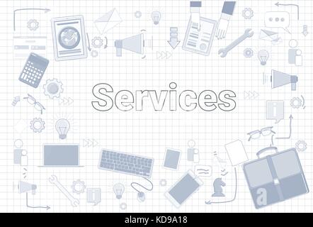 Services mot avec office stuff icônes sur fond carré aide client concept satisfaction Illustration de Vecteur