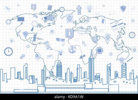 Internet communication médias sociaux connexion de réseau sur une tour vue ville et carte du monde fond carré Illustration de Vecteur