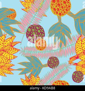 Vector illustration d'un modèle sans couture à la main avec des plantes tropicales inspiré par la botanique dans l'éclat des couleurs Illustration de Vecteur