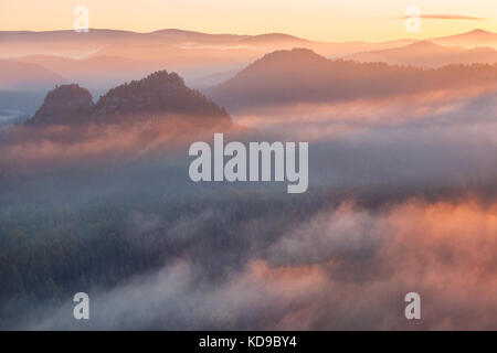 Sunrise de foggy Kleiner Winterberg dans le parc national de la Suisse Saxonne, Allemagne Banque D'Images