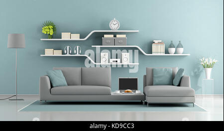 Minimaliste bleu et gris salon avec canapé et d'étagères sur le mur - le rendu 3D Banque D'Images