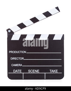 Close-up of a film production clapper board sur fond blanc Banque D'Images