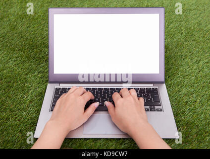 Close-up of Female Hand Typing On Laptop Banque D'Images