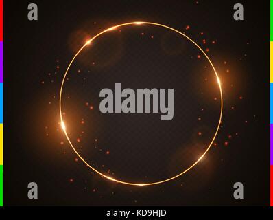 Vector cadre doré avec des reflets de lumière et d'étincelles. bannière noël resplendir autour. glow ring isolé sur fond transparent noir vector. Illustration de Vecteur