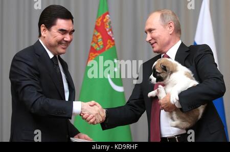 Sotchi, Russie. 11 octobre 2017. Le président russe Vladimir Poutine tient un chiot de l'Alabaï offert par le président turkmène Gurbanguly Berdymukhamedov, à gauche, avant leur rencontre dans la résidence Bocharov Ruchei le 11 octobre 2017 à Sotchi, en Russie. Poutine, un amoureux des chiens, a nommé le chiot berger pur Verny qui signifie «fidèle» en russe. Crédit : Planetpix/Alamy Live News Banque D'Images