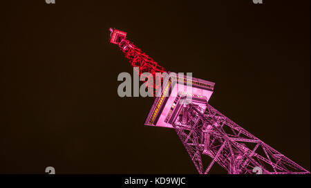 Berlin, Allemagne. 11 octobre 2017. La Funkturm (tour radio) est illuminée en rose pour la Journée internationale de la fille à Berlin, en Allemagne, le 11 octobre 2017. Crédit : Paul Zinken/dpa/Alamy Live News Banque D'Images