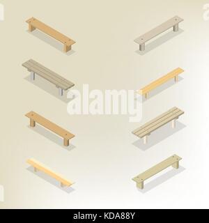 Ensemble de bancs en bois de différentes formes, isolé sur fond blanc. élément de design de l'inventaire de la rue, aire de jeux et des parcs. télévision 3D isometri Illustration de Vecteur