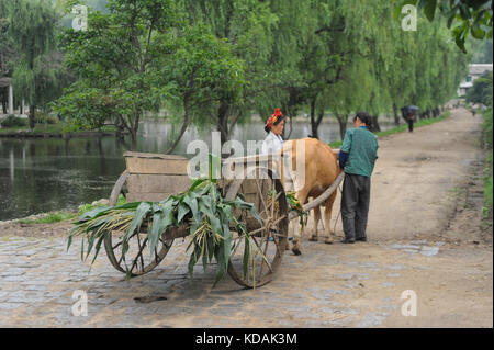 12.08.2012, Wonsan, la Corée du Nord, en Asie - deux paysans nord-coréens sont vu debout à côté d'une charrette à l'chonsam coopérative agricole près de Wonsan. Banque D'Images