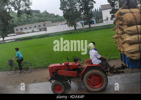 12.08.2012, Wonsan, la Corée du Nord, Asie - Scène de rue avec le tracteur à la ferme coopérative chonsam près de la ville de Wonsan. Banque D'Images