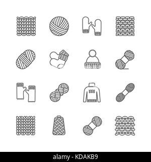 Ensemble d'icônes de tricot. Fils, vêtements tricotés, échantillons tricotés signe de ligne mince. Bonnet, moufles, chaussettes, chandails et autres vêtements tricotés à la main Illustration de Vecteur