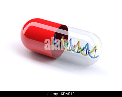 Capsule médicale avec structure de molécule d'ADN à l'intérieur, illustration 3d Banque D'Images