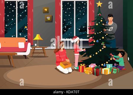 Un vecteur illustration de happy family decorating Christmas Tree Illustration de Vecteur