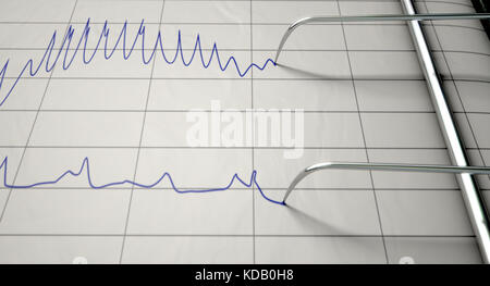 Un gros plan du détecteur de mensonges les aiguilles de la machine lignes bleu dessin sur papier graphique illustrant un interrogatoire - 3D render Banque D'Images