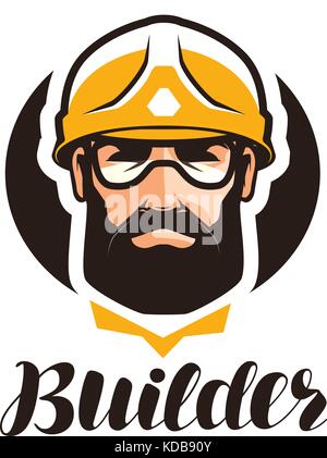 Constructeur, constructeur logo. Icône ou symbole de l'industrie, du support, de l'entretien, de la réparation, de la révision. Portrait de travailleur en casque Illustration de Vecteur