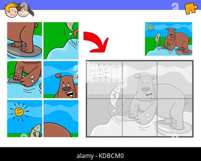 Cartoon illustration de l'activité pédagogique puzzle jeu pour les enfants avec des personnages animaux ours pêche Illustration de Vecteur