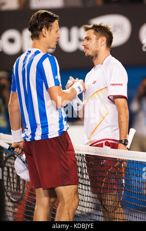 Stanislas Wawrinka, de Suisse, célèbre après avoir gagné sa première finale du Grand Chelem, la huitième graine dépassant T. Berdych of Banque D'Images