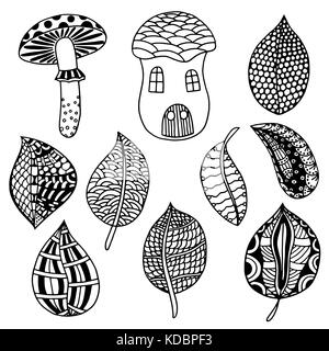 Les éléments de la nature dans un style vector set doodle. floral, ornements, décoratives, tribal, les éléments de conception. illustration noir et blanc de l'herbe, des champignons. Illustration de Vecteur